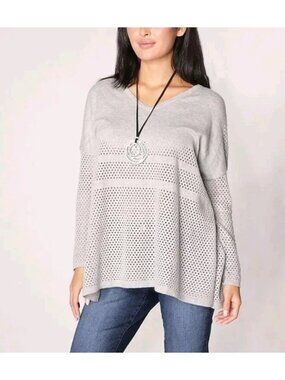 Wynne Layers Long Sleeve V-Neck Mesh Cotton Unstructured Oversize Sweater Gray S